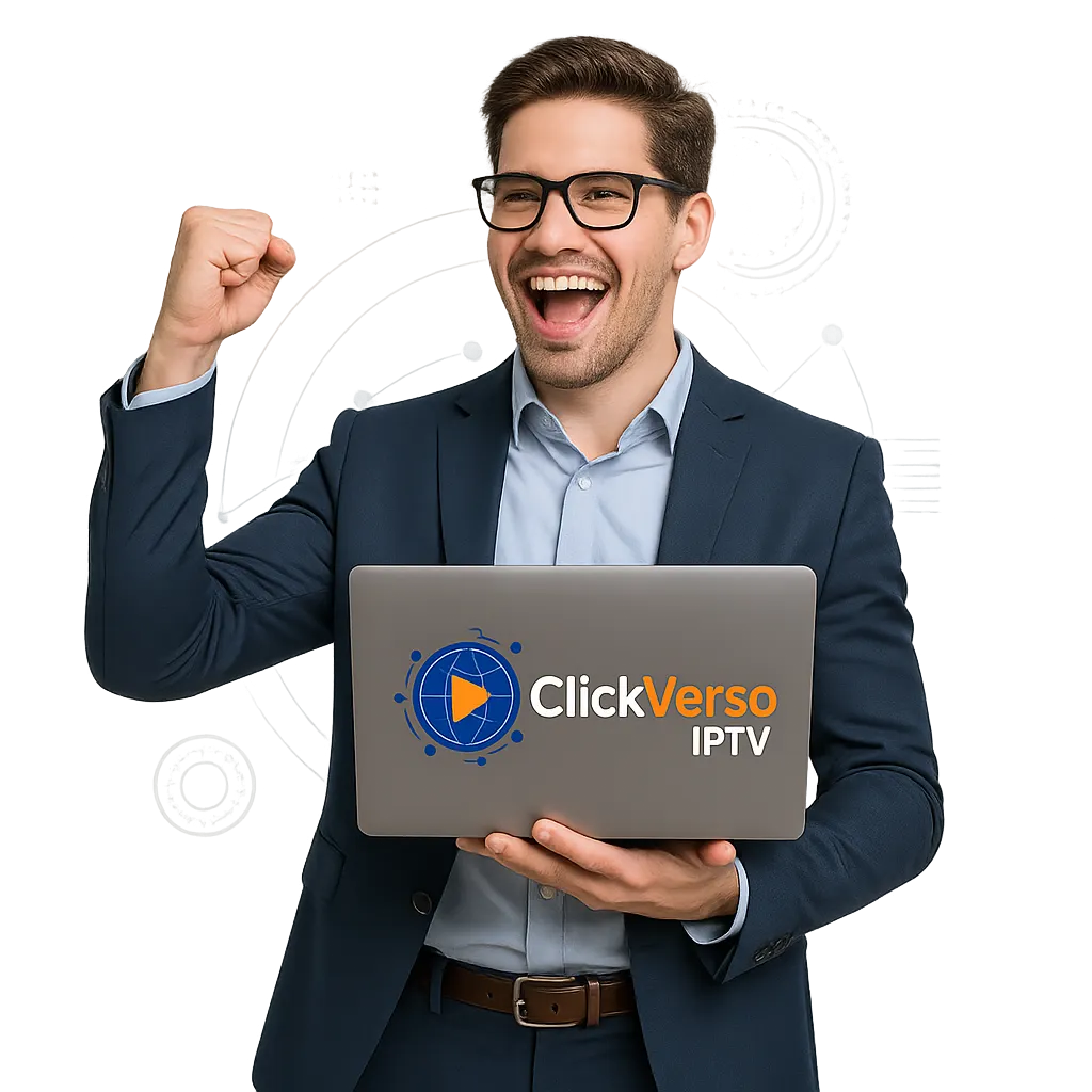 Jovem executivo moderno e sorridente, vestindo traje social casual, segurando um notebook com a logo da ClickVerso IPTV, comemorando sucesso como revendedor.