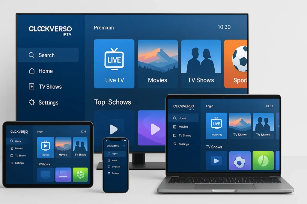 "Vários dispositivos exibindo a plataforma ClickVerso IPTV, representando versatilidade e acesso em qualquer lugar."