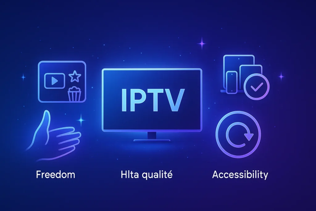 "Conjunto de ícones representando as principais vantagens do IPTV: liberdade, qualidade, variedade e flexibilidade de dispositivos."