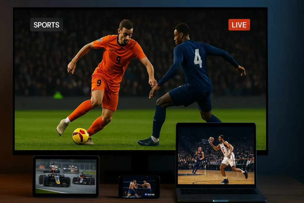 Canais de esportes do ClickVerso IPTV com jogos ao vivo em HD exibidos em múltiplas telas.