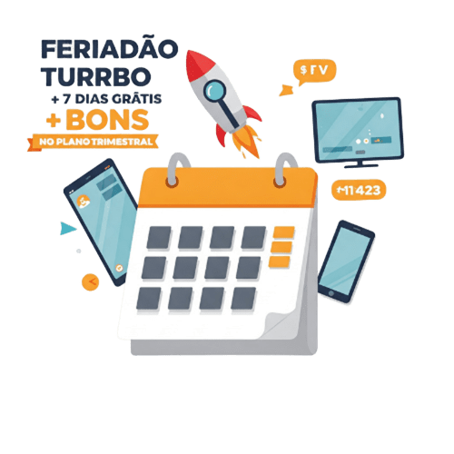 lustração digital de um calendário e foguete simbolizando a promoção Feriadão Turbo da ClickVerso IPTV com +7 dias grátis no plano trimestral.