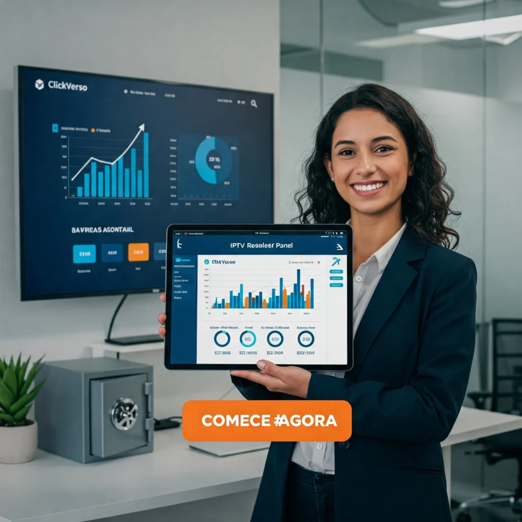 Empreendedor celebrando sucesso financeiro com revenda IPTV ClickVerso e call-to-action para iniciar