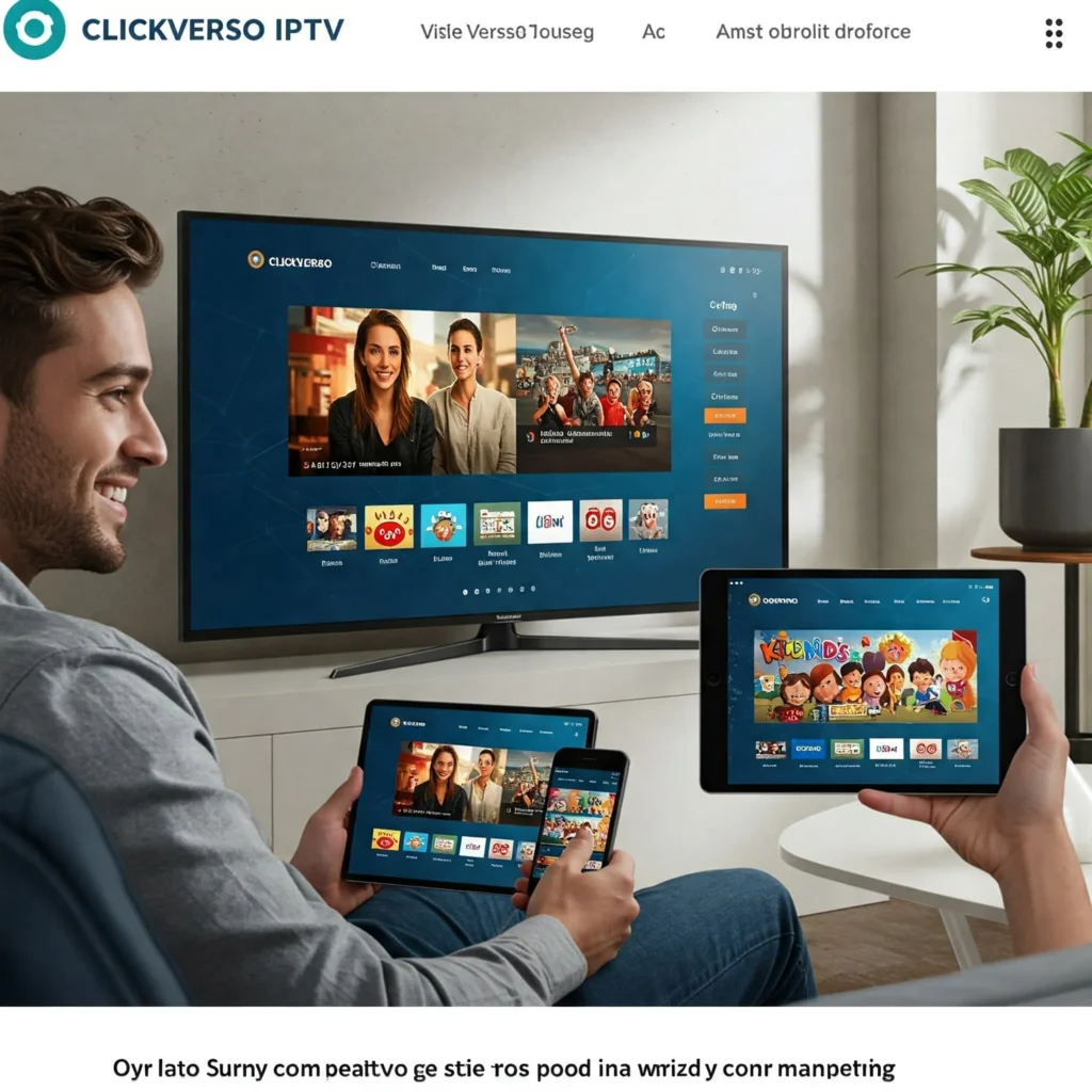 ClickVerso IPTV em múltiplos dispositivos: TV, celular e tablet.