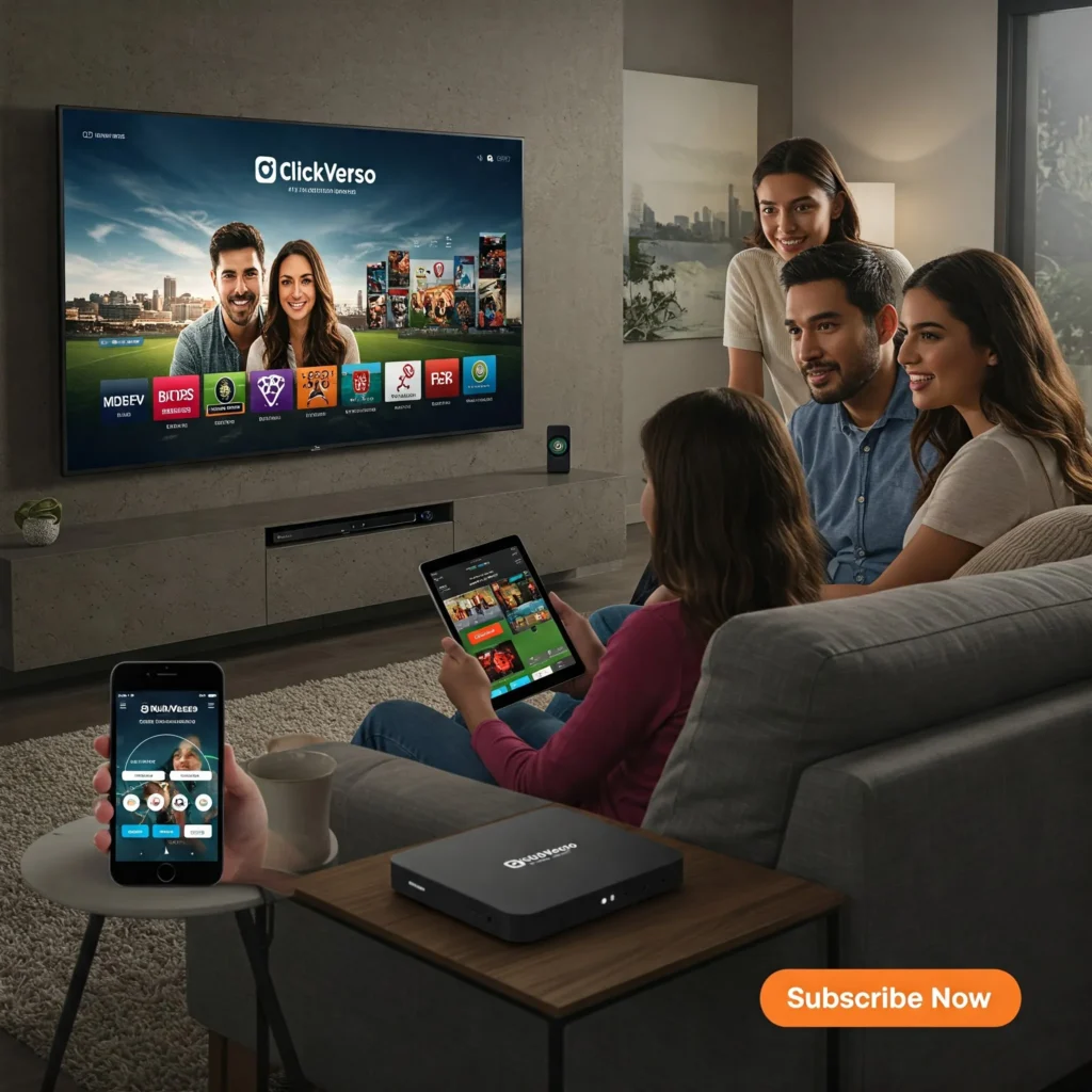 Família reunida em sala de estar moderna assistindo conteúdo em múltiplos dispositivos conectados à ClickVerso IPTV com interface visível nas telas.