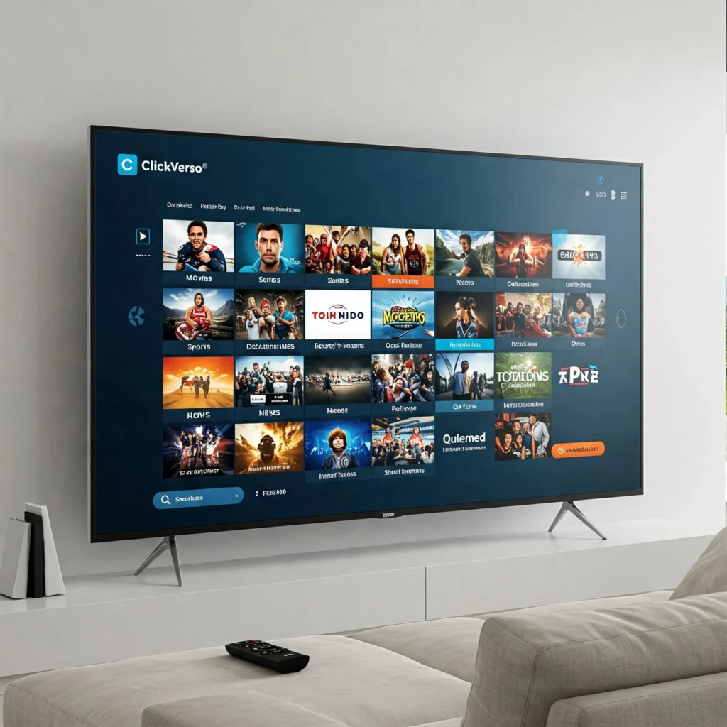 Interface ClickVerso IPTV exibindo grade visual organizada com diversas categorias de conteúdo incluindo filmes, séries, esportes e canais internacionais.
