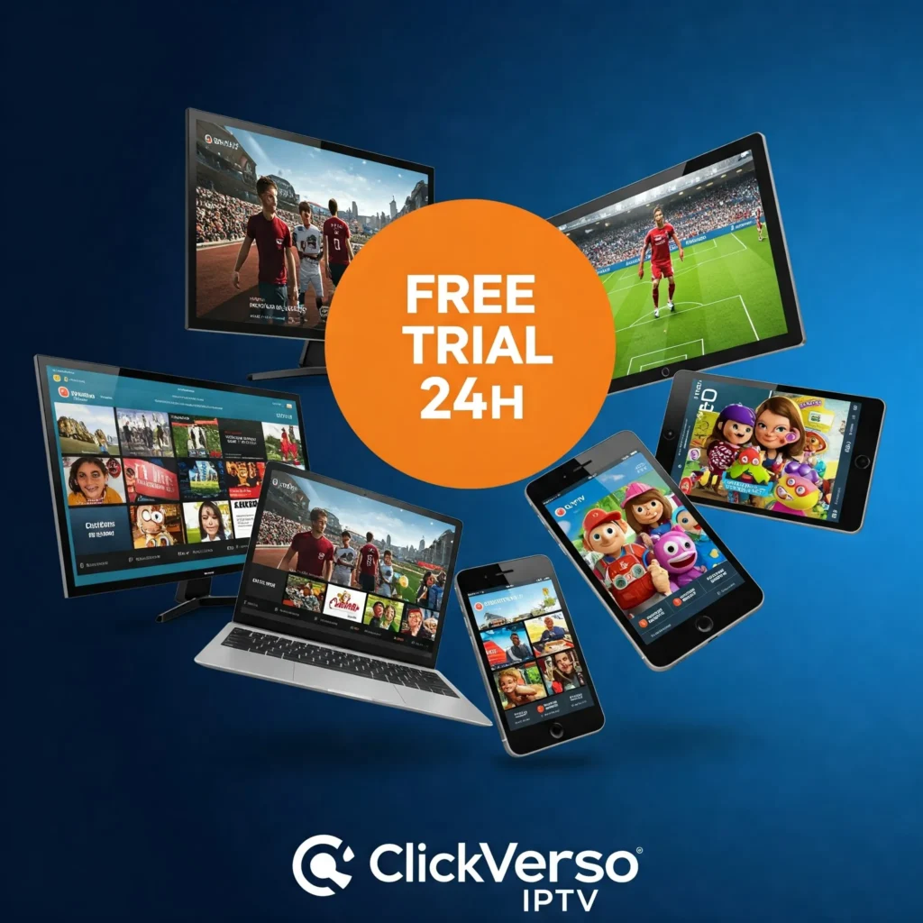 Diversas telas exibindo conteúdos da ClickVerso IPTV com destaque para o botão de teste grátis de 24 horas