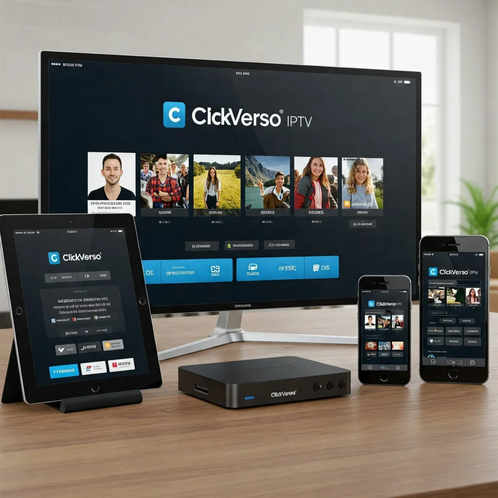 Múltiplos dispositivos mostrando a mesma interface ClickVerso IPTV em diferentes tamanhos e formatos, incluindo smartphone, tablet, Smart TV e TV Box.