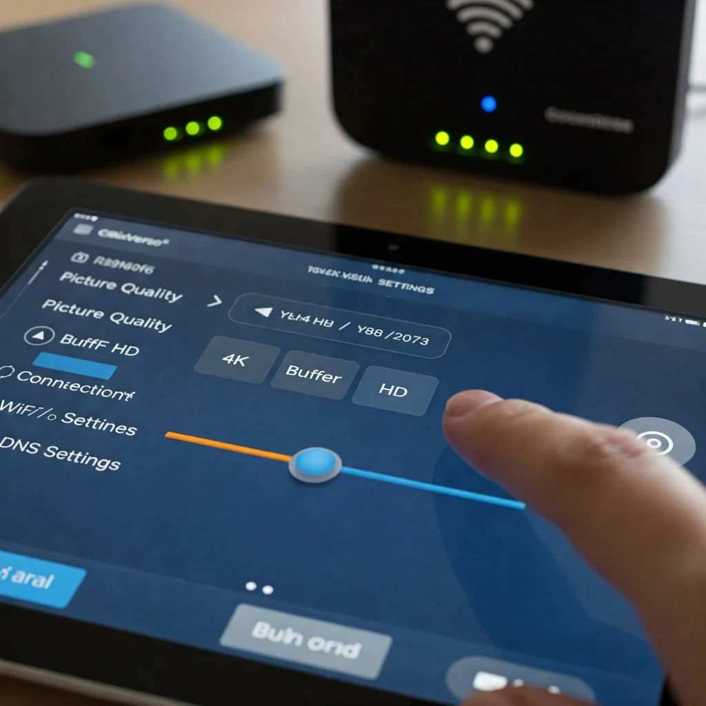 Tela de configurações de um aplicativo IPTV mostrando opções de qualidade de imagem e buffer para otimização da ClickVerso