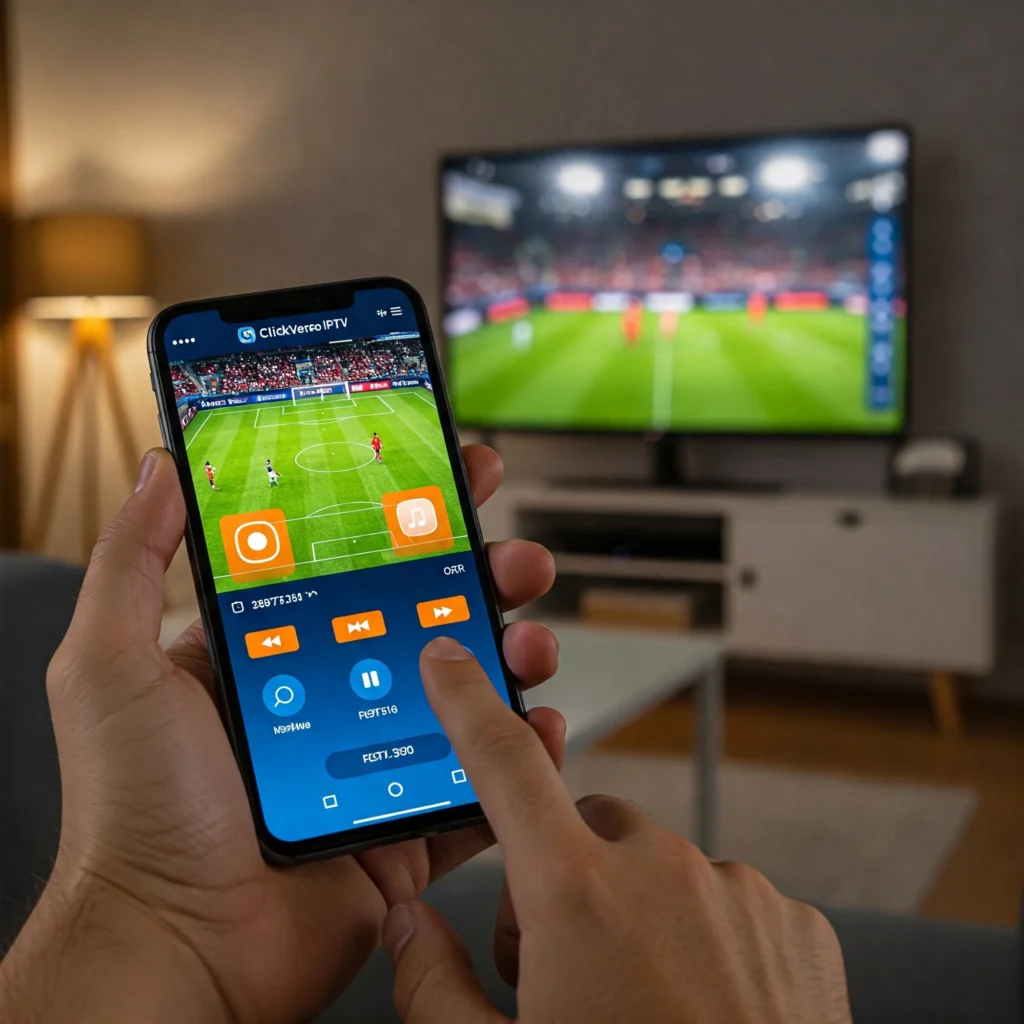 Interface da ClickVerso IPTV mostrando controles avançados de pausa, retrocesso e avanço em conteúdo ao vivo através de smartphone.