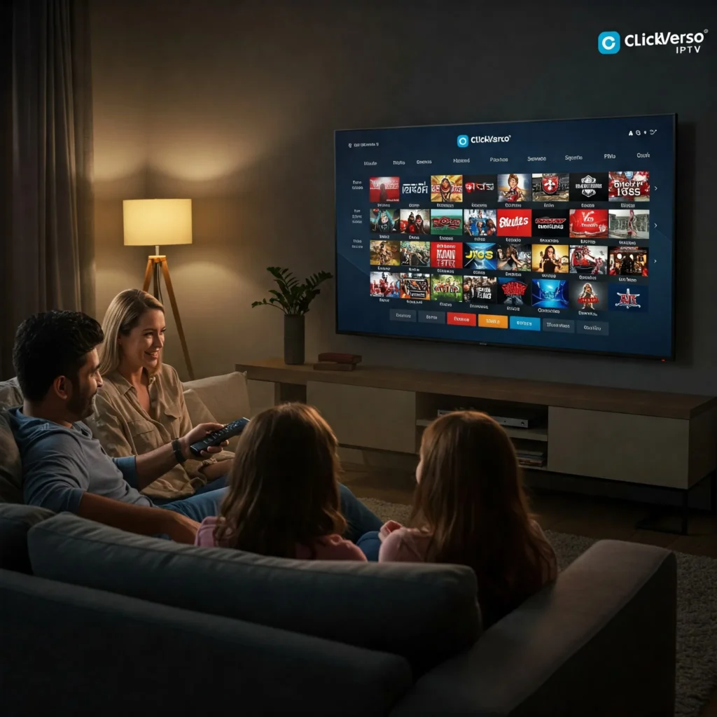 Família assistindo conteúdo ClickVerso IPTV em uma Smart TV com interface de seleção de canais visível
