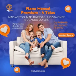 Plano Mensal Premium 4 Telas da ClickVerso IPTV com destaque para o preço promocional de R$59,90 e visual moderno azul e laranja.