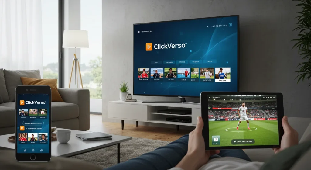 Pessoa assistindo ClickVerso IPTV simultaneamente em Smart TV, tablet e smartphone com interface moderna